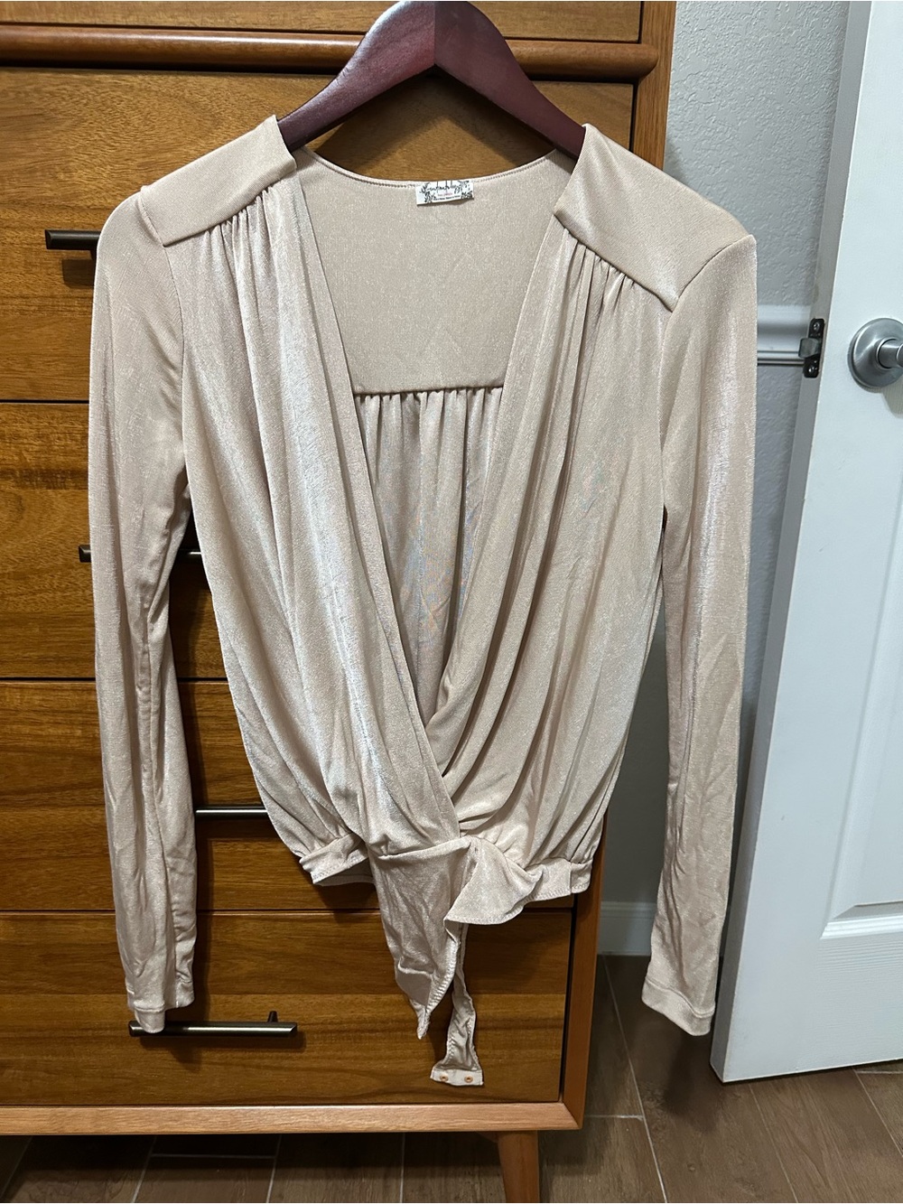 Free People Shimmery Beige Wrap Tie-Front Long Sleeve Top
